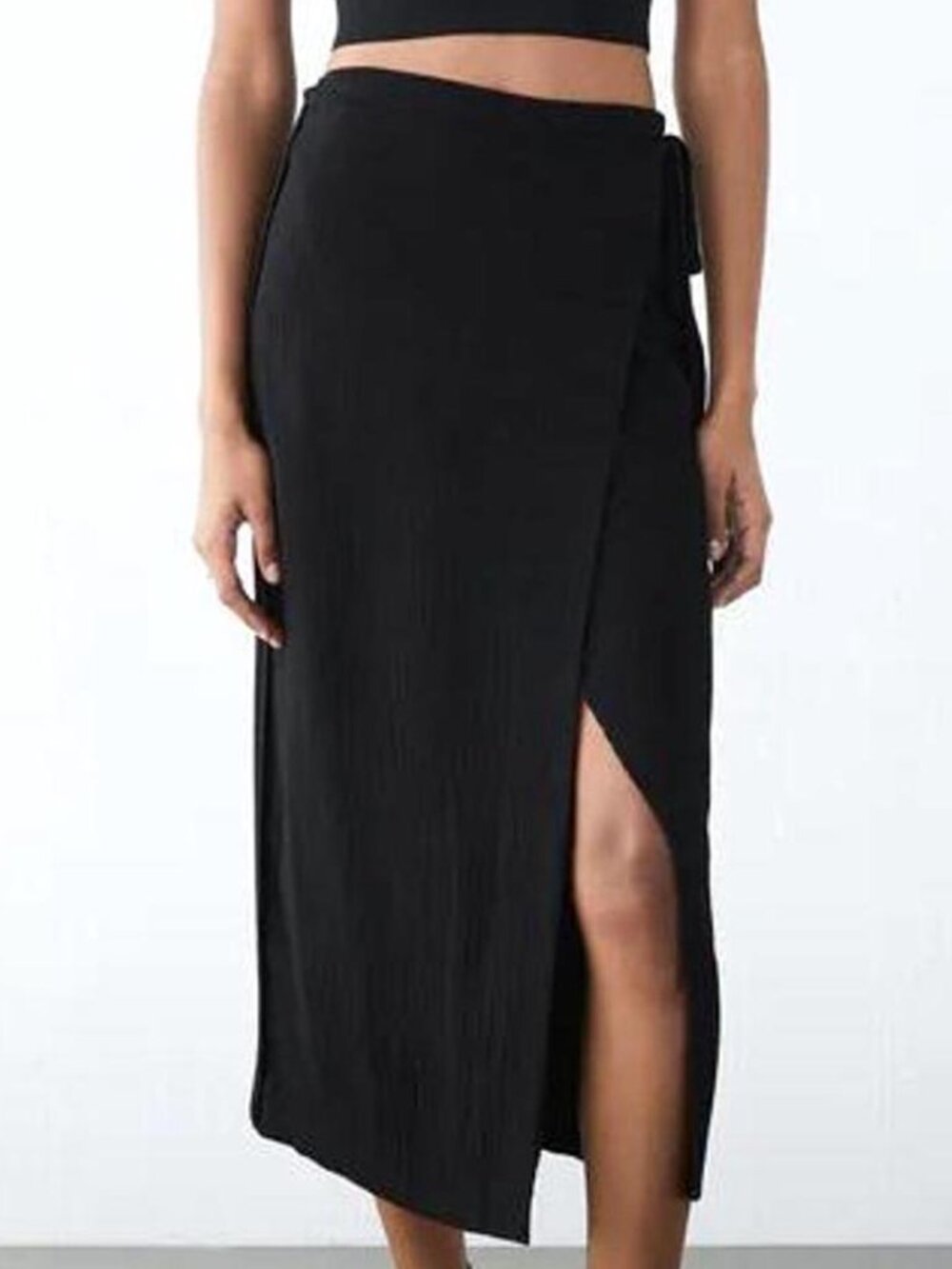 Zara Black Crinkle Wrap Midi Skirt Beach Swim Cover Up Small Gauze Textured